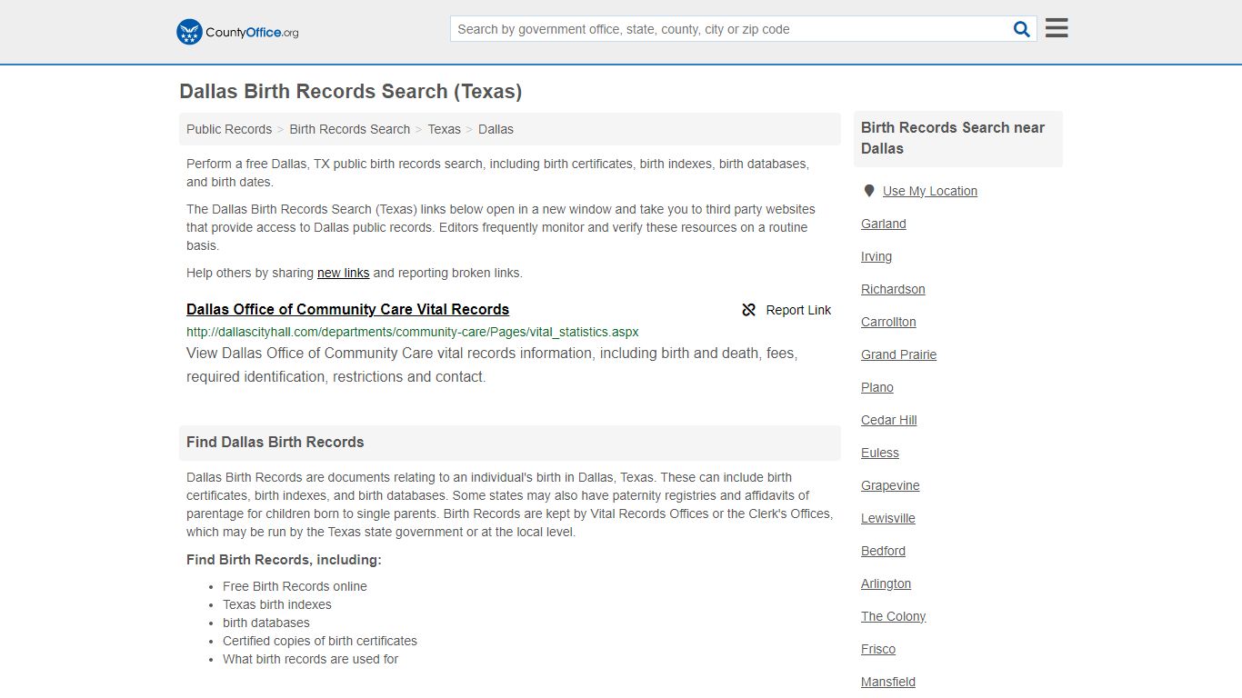 Dallas Birth Records Search (Texas) - County Office